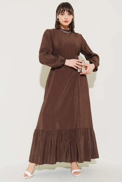 Kırışık Doku Kuşaklı Elbise Kahve ürün görseli 1