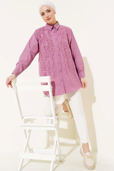 Önü Pul Süslemeli Basic Gömlek Gül Kurusu - Resim 2