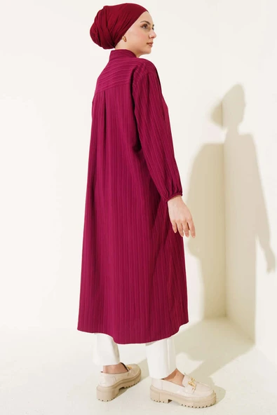 Ağaç Kabuğu Uzun Gömlek Bordo - Resim 3