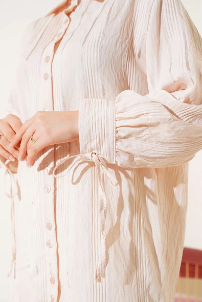 Manşet Bağcıklı Tunik Bej - Resim 4