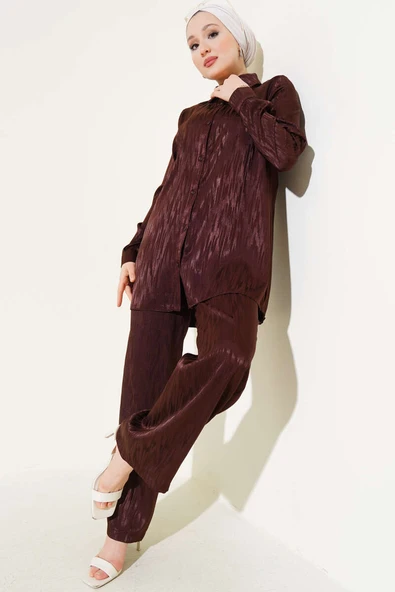 Desenli Jakar Tunik İkili Takım Kahve - Resim 2