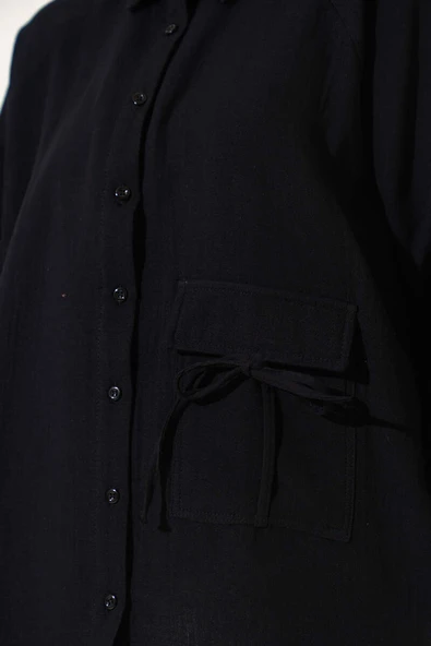Cep Detaylı Müslin Gömlek Siyah - Resim 4