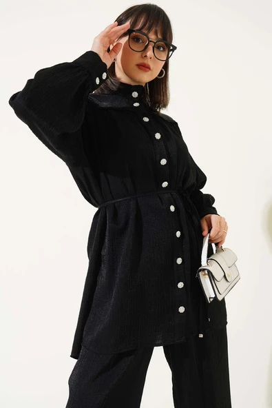 Taş Düğmeli Büzgülü İkili Takım Siyah - Resim 2