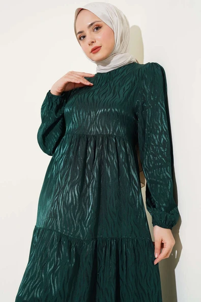 Dalga Desen Jakar Elbise Zümrüt - Resim 2