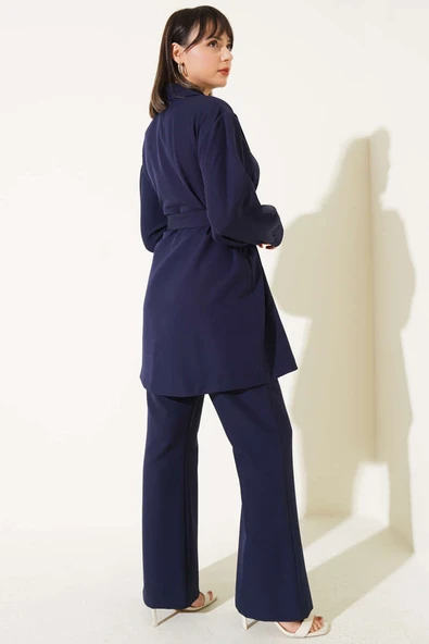 Kruvaze Yaka Kuşaklı İkili Takım Lacivert - Resim 3