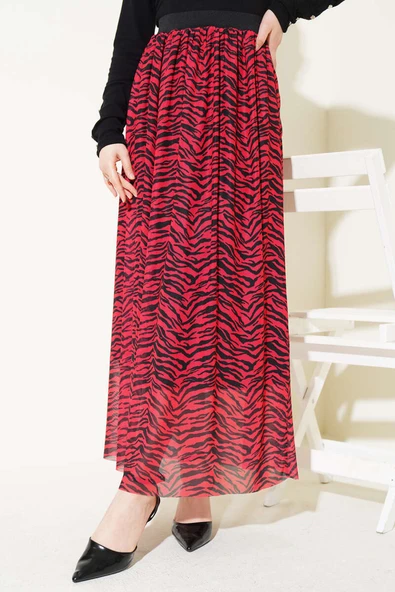 Bel Lastikli Desenli Şifon Etek Kırmızı ürün görseli 1