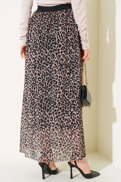 Bel Lastikli Desenli Şifon Etek Leopar - Resim 3