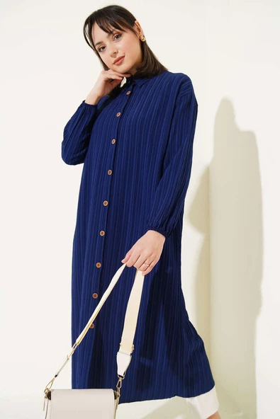 Ağaç Kabuğu Uzun Gömlek Lacivert - Resim 2