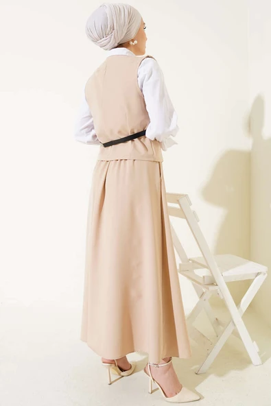 Çapraz Düğmeli Kemerli Etekli İkili Takım Latte - Resim 3