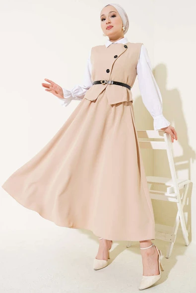 Kemerli Çapraz Düğmeli Yelekli İkili Takım Bej ürün görseli 1