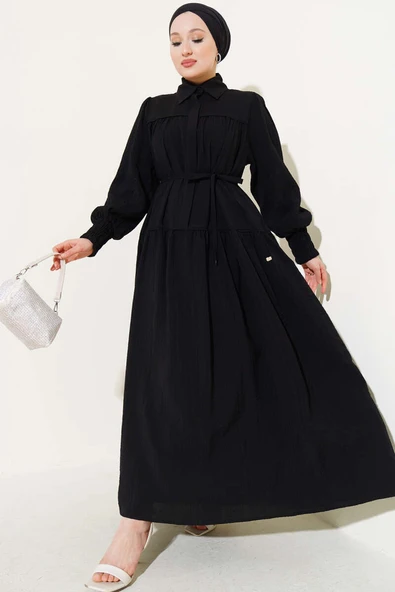 Yarım Gizli Düğmeli İp Bağcıklı Elbise Siyah ürün görseli 1