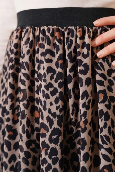 Bel Lastikli Desenli Şifon Etek Leopar - Resim 4