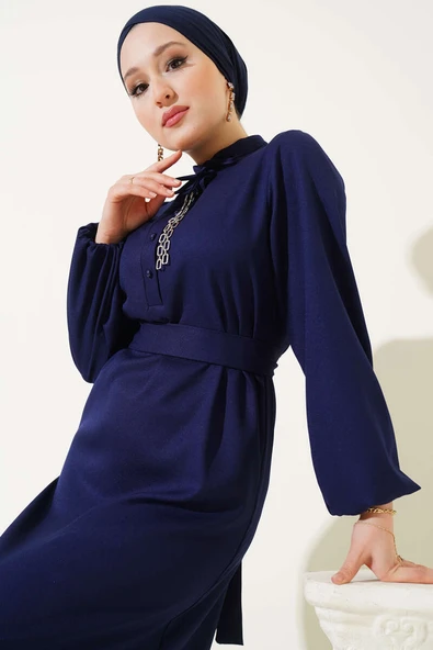 Yarım Düğmeli Yaka İpli Elbise Lacivert - Resim 2