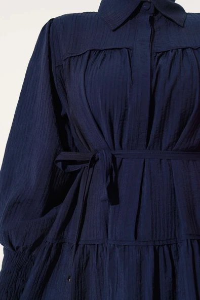 Yarım Gizli Düğmeli İp Bağcıklı Elbise Lacivert - Resim 4