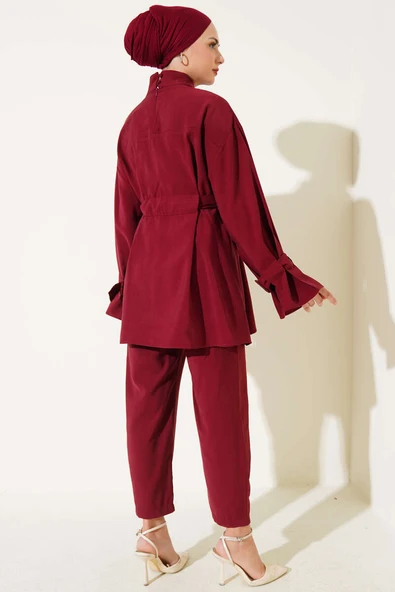 Göğüs Cepli Bileği Kemerli İkili Takım Bordo - Resim 3