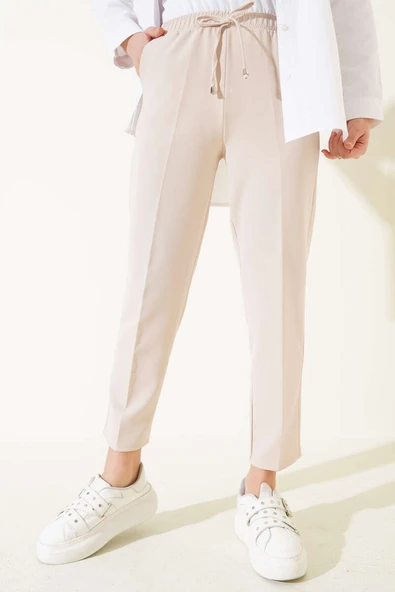 Beli Lastikli Dar Paça Pantolon Bej - Resim 2