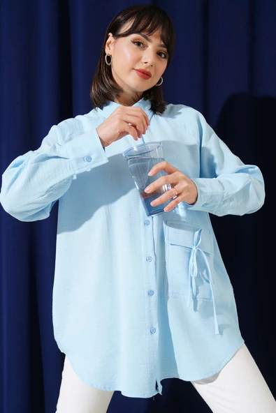 Cep Detaylı Müslin Gömlek Mavi ürün görseli 1