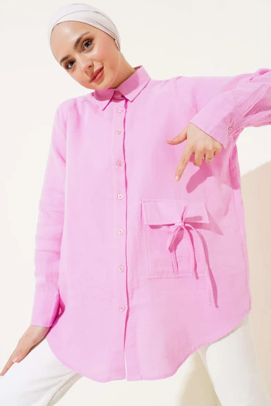 Cep Detaylı Müslin Gömlek Pudra ürün görseli 1