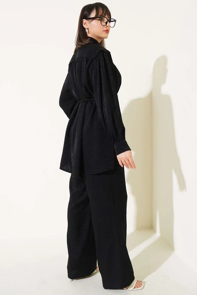 Taş Düğmeli Büzgülü İkili Takım Siyah - Resim 3