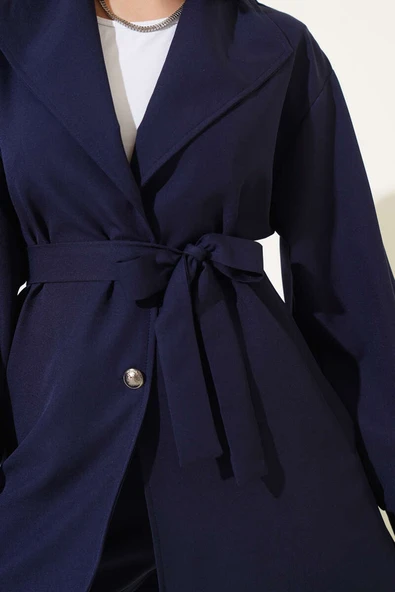 Kruvaze Yaka Kuşaklı İkili Takım Lacivert - Resim 4