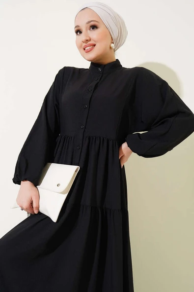 Önü Düğmeli Kat Kat Basic Elbise Siyah - Resim 2