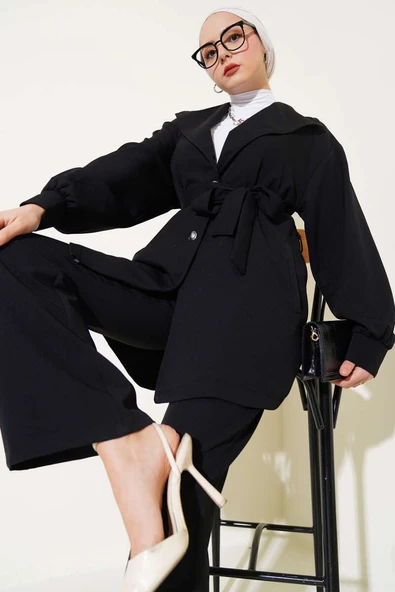 Kruvaze Yaka Kuşaklı İkili Takım Siyah ürün görseli 1