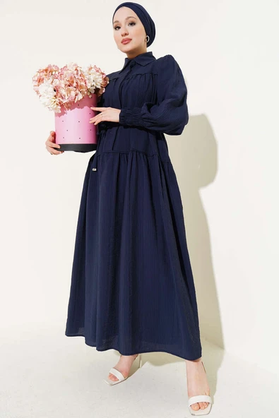 Yarım Gizli Düğmeli İp Bağcıklı Elbise Lacivert ürün görseli 1