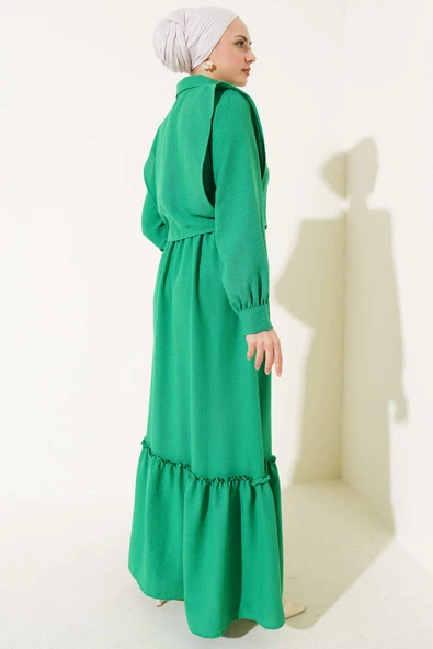 Yanı Bağlamalı Yelekli Bel Lastikli Elbise Benetton - 3