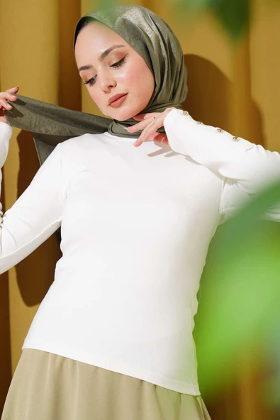 Bileği Metal Düğmeli Body Ekru - Resim 2