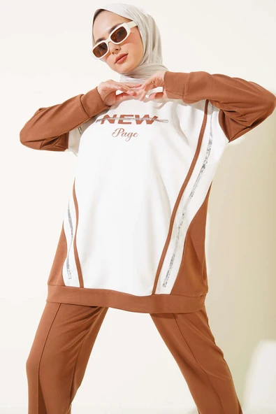 Loyşa Baskılı Pullu İkili Takım Kestane - Resim 2