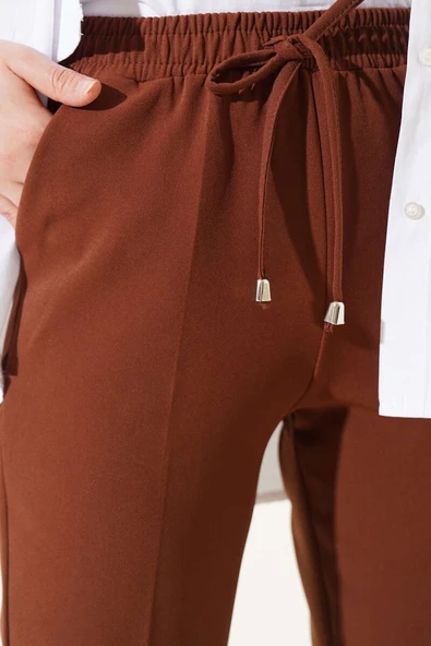 Beli Lastikli Dar Paça Pantolon Kahve - Resim 4
