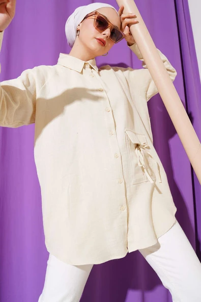 Cep Detaylı Müslin Gömlek Bej ürün görseli 1