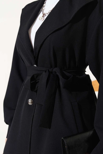 Kruvaze Yaka Kuşaklı İkili Takım Siyah - Resim 4