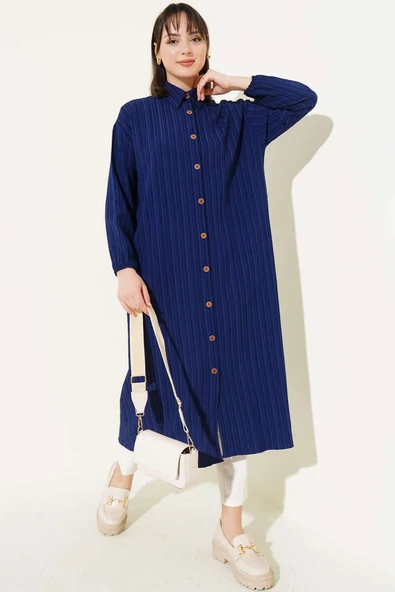 Ağaç Kabuğu Uzun Gömlek Lacivert ürün görseli 1