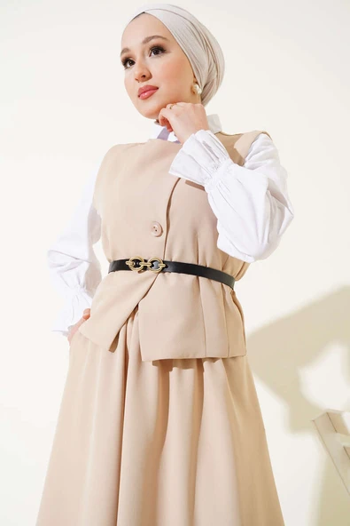 Çapraz Düğmeli Kemerli Etekli İkili Takım Latte - Resim 2