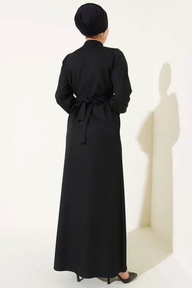 Yarım Düğmeli Yaka İpli Elbise Siyah - 3