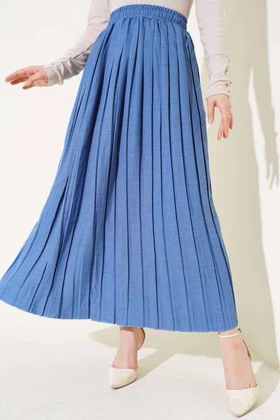 Bel Lastikli Pileli Etek İndigo