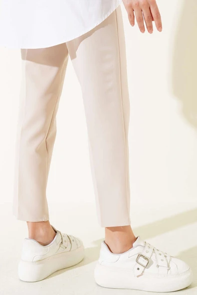 Beli Lastikli Dar Paça Pantolon Bej - Resim 3