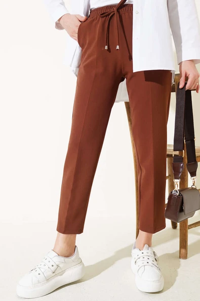 Beli Lastikli Dar Paça Pantolon Kahve - Resim 2