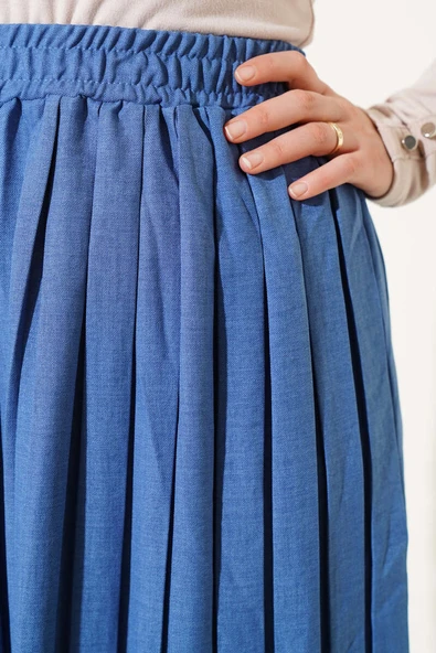 Bel Lastikli Pileli Etek İndigo - 4