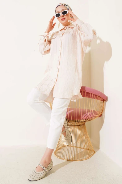 Manşet Bağcıklı Tunik Bej - Resim 2