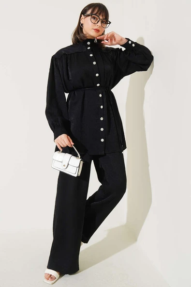 Taş Düğmeli Büzgülü İkili Takım Siyah ürün görseli 1