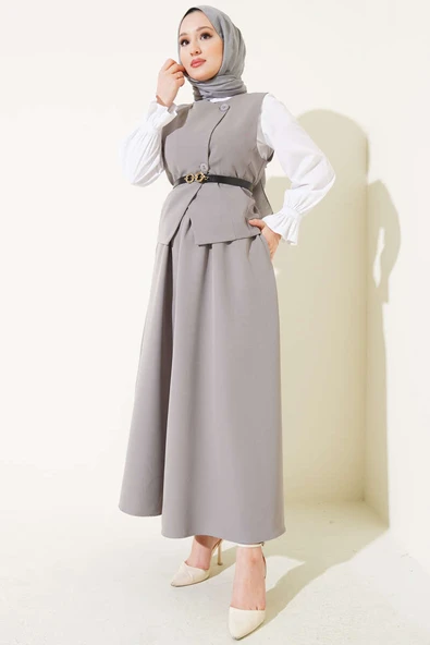 Çapraz Düğmeli Kemerli Etekli İkili Takım Gri ürün görseli 1
