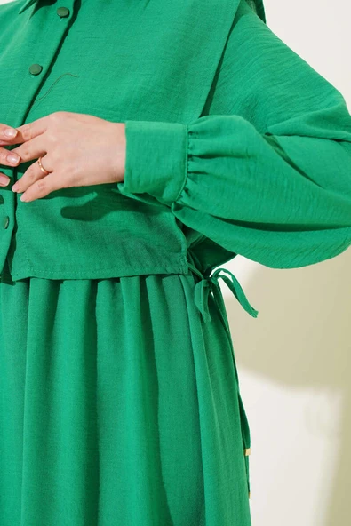 Yanı Bağlamalı Yelekli Bel Lastikli Elbise Benetton - 4