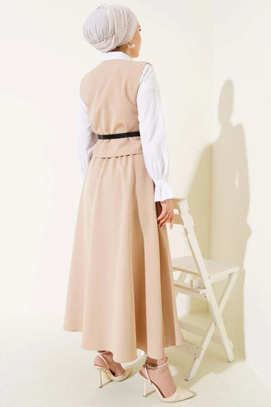 Kemerli Çapraz Düğmeli Yelekli İkili Takım Bej - Resim 3