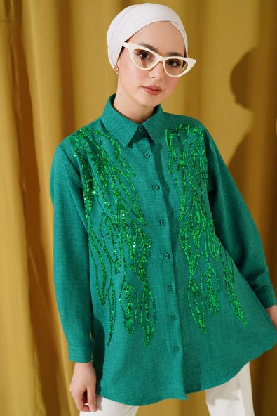 Önü Pul Süslemeli Basic Gömlek Yeşil ürün görseli 1