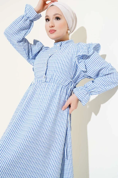 Omuz Fırfırlı Çizgili Gofre Elbise İndigo - Resim 2