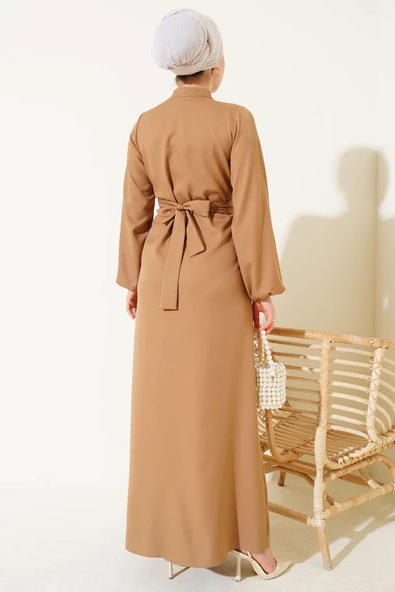 Yarım Düğmeli Yaka İpli Elbise Camel - 3