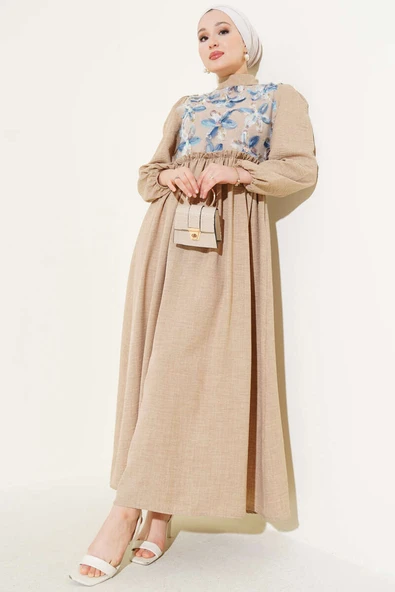 Tül Çiçekli Elbise Vizon ürün görseli 1