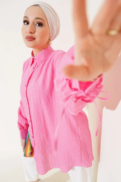 Bilek İp Bağcıklı Oversize Gömlek Pembe